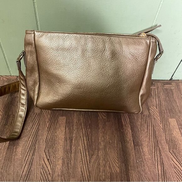Vintage SAS Metallic Bronze Brown LEATHER CROSSBODY Croc Trim Shoulder Bag Purse - Picture 4 of 10